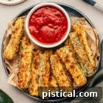 Top down view of air fryer zucchini on a metal plate with a small bowl of marinara to dip the fries in.