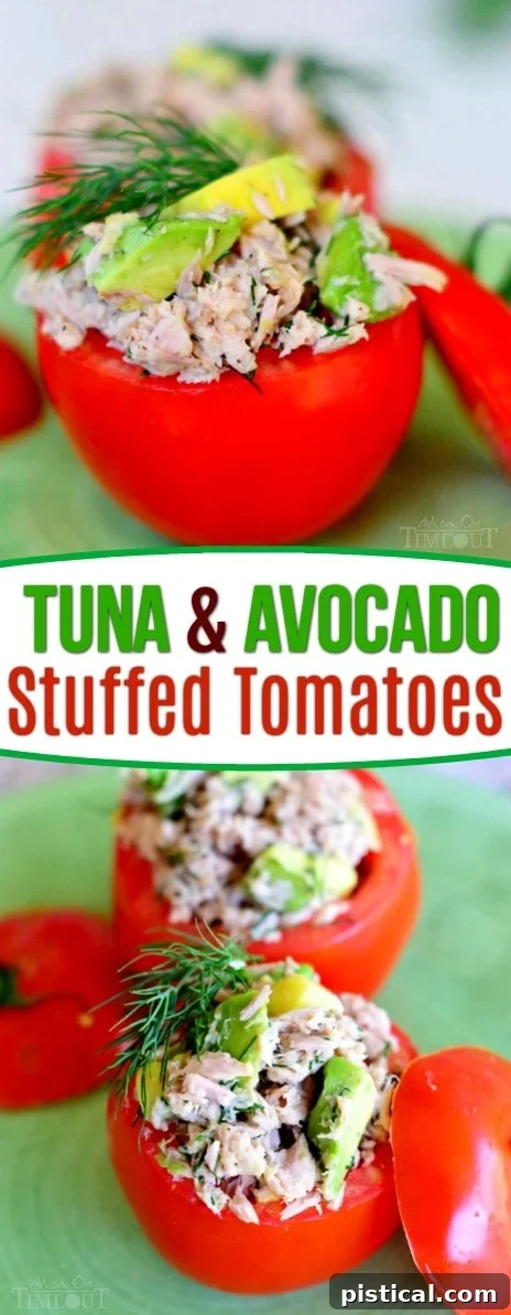A beautifully arranged serving of Tuna and Avocado Stuffed Tomatoes, presented as a perfect, light, and healthy meal for any occasion.