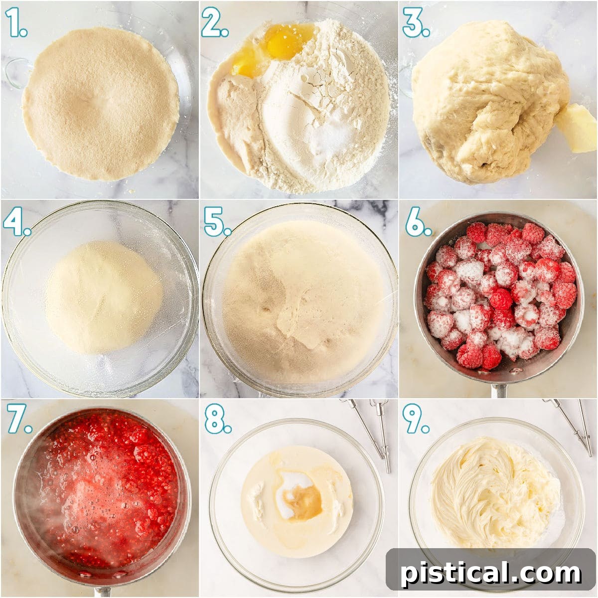 A nine-image collage demonstrating the step-by-step process of making donut dough, raspberry compote, and cheesecake filling.