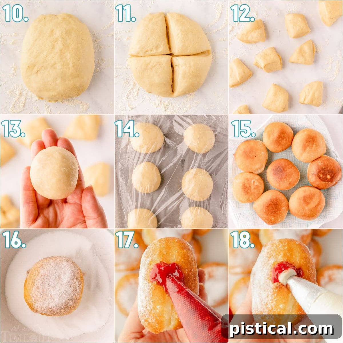 A nine-image collage demonstrating the process of frying and stuffing homemade donuts with fillings.
