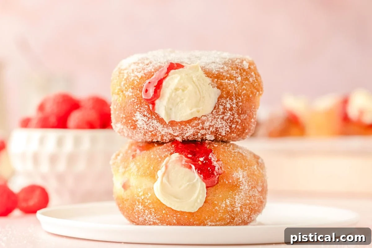 Two perfectly fried raspberry cheesecake stuffed donuts stacked on a small round white plate, ready to be enjoyed.