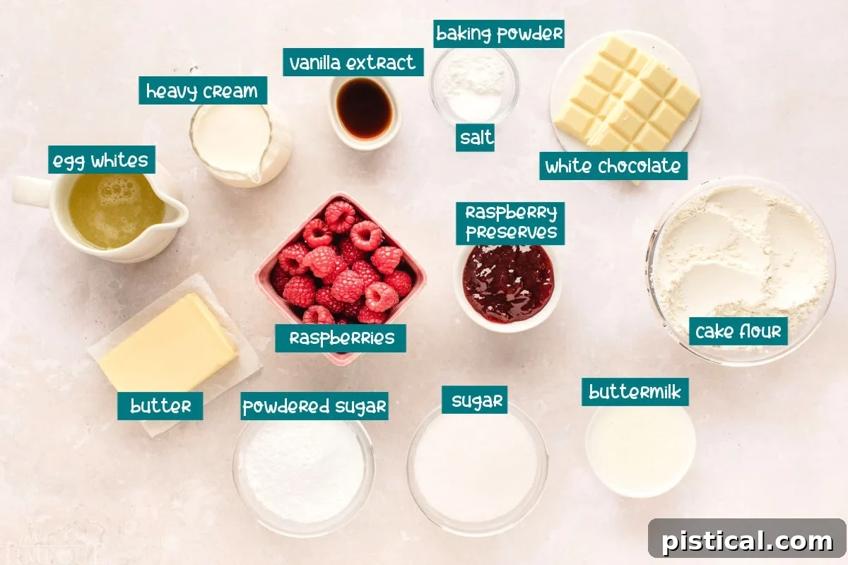 All the ingredients for the White Chocolate Raspberry Cake recipe neatly laid out on a kitchen counter, ready for preparation.