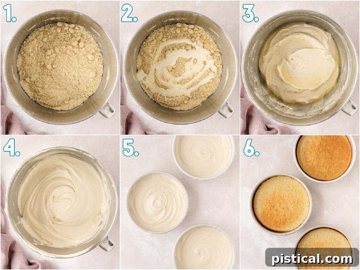 A six-image collage illustrating the process of making moist vanilla cake layers, from combining ingredients to baking the golden-brown cakes.