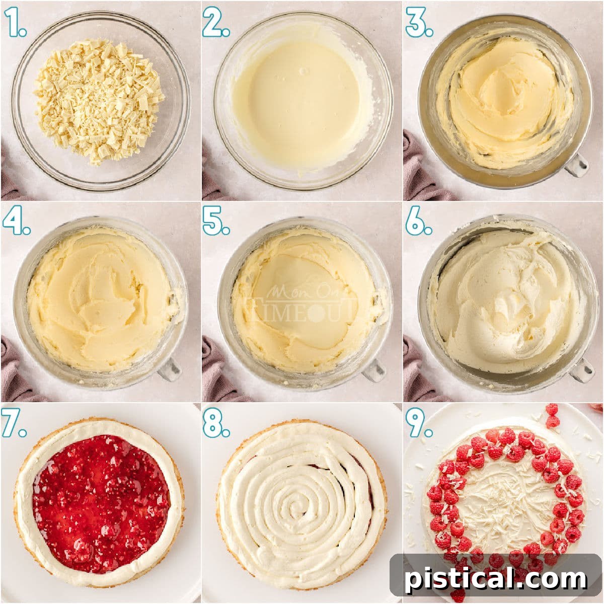 A nine-image collage demonstrating the steps for making white chocolate buttercream and assembling the White Chocolate Raspberry Cake, layer by delicious layer.