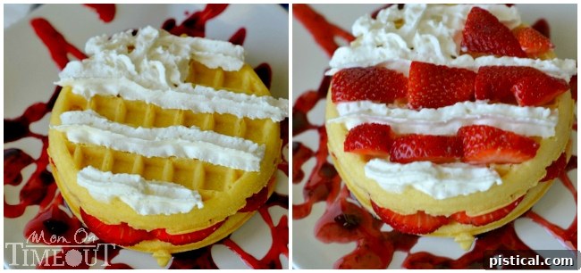 Adding whipped cream stripes and fresh strawberry pieces to form the flag