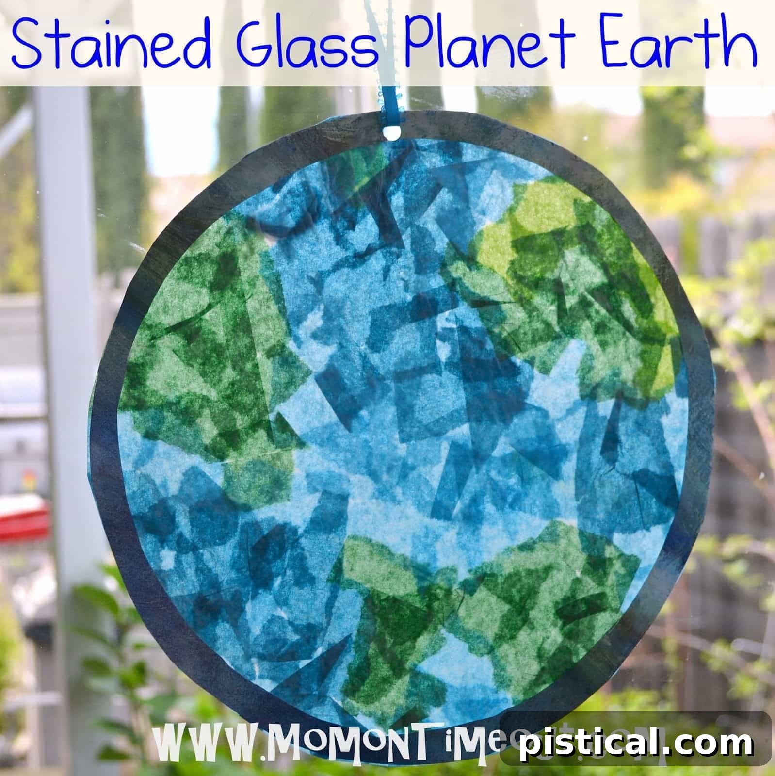 Stained Glass Planet Earth craft for Earth Day, showcasing green and blue tissue paper
