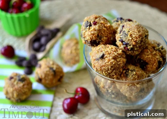Dark Chocolate and Cherry Peanut Butter Oat Bites | MomOnTimeout.com Close-up of Dark Chocolate and Cherry Peanut Butter Oat Bites on a wooden board
