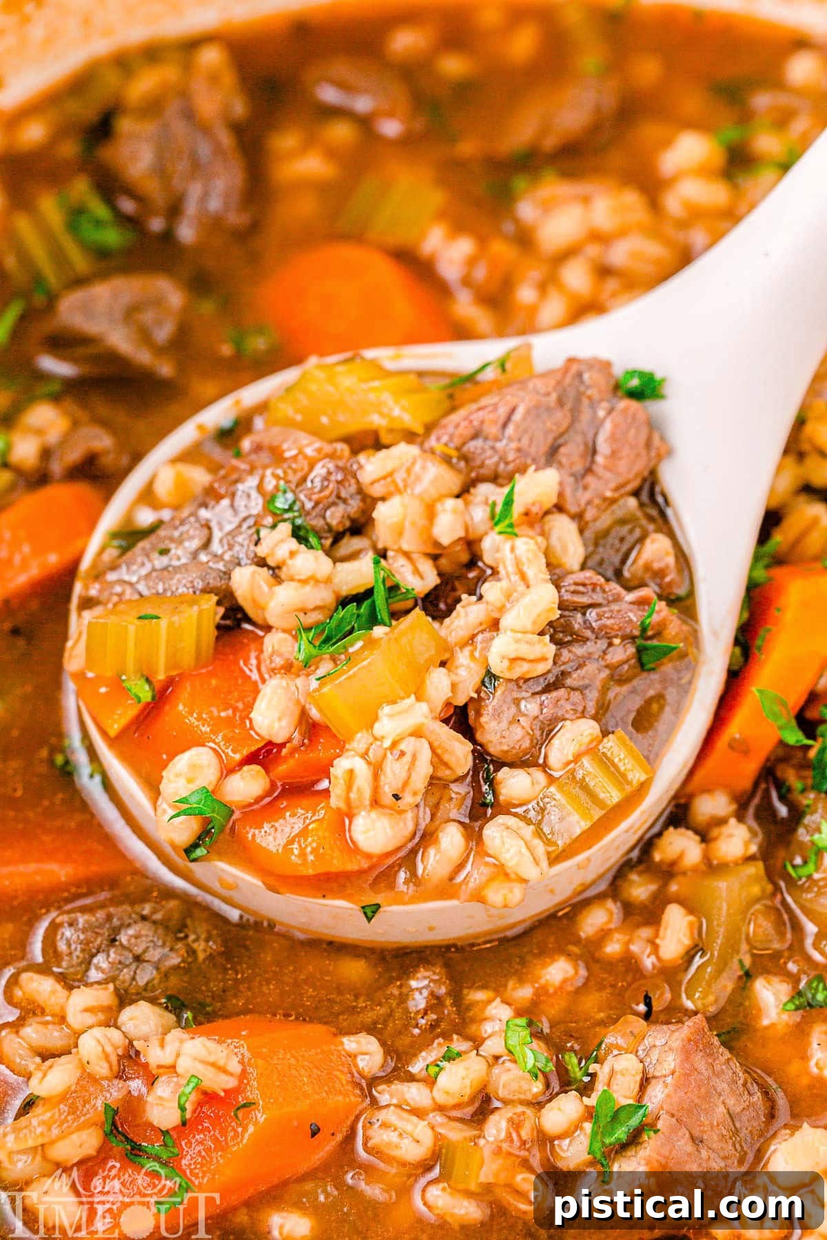 Hearty Beef Barley Stew 2 Beef Barley Soup in a dutch oven with a white ladle scooping out a serving of the soup. The soup has been garnished with fresh parsley.