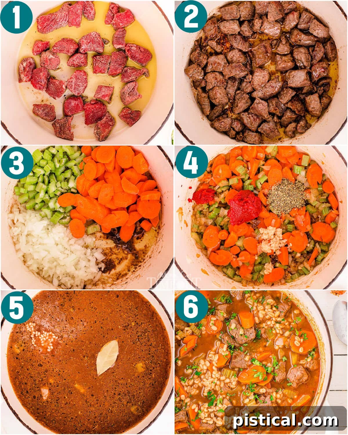Hearty Beef Barley Stew 5 A collage of process shots showing how to make beef and barley soup.