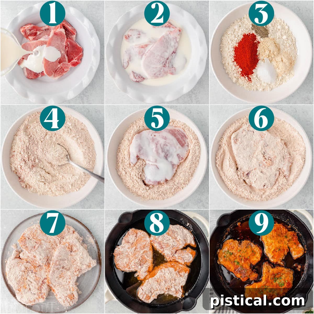A three-panel collage illustrating the process of making fried pork chops: (1) pork chops marinating in buttermilk, (2) being dredged in seasoned flour, and (3) sizzling in a hot skillet until golden brown.