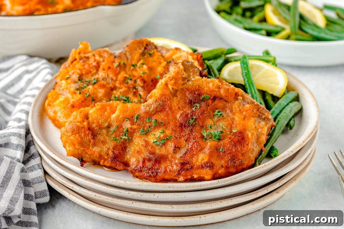 A wide overhead shot featuring two perfectly fried pork chops arranged on a stack of plates, served alongside a generous portion of green beans. The presentation suggests a wholesome, comforting meal.