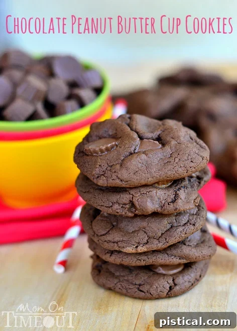 Irresistible Chocolate Peanut Butter Cup Cookies with Reese's Minis, ready to be enjoyed with a glass of milk.