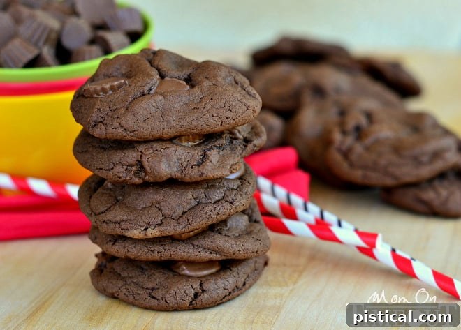 Close-up of a freshly baked Chocolate Peanut Butter Cup Cookie, showcasing its soft texture and embedded Reese's Minis.