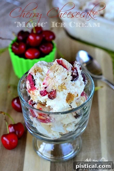 A scoop of homemade Cherry Cheesecake Magic Ice Cream, bursting with fresh cherries and graham cracker chunks, served in a bowl. This no-churn recipe is perfect for hot summer days and requires no special machine.