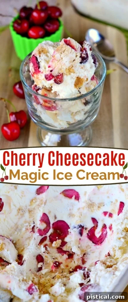 A vibrant collage image showcasing the steps and ingredients for making Cherry Cheesecake Magic Ice Cream at home.