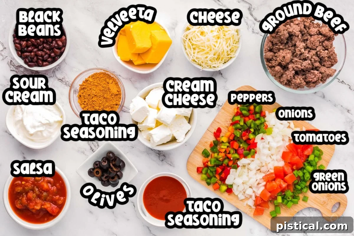 Warm & Cheesy Slow Cooker Taco Dip 4 Ingredients for crockpot taco dip.