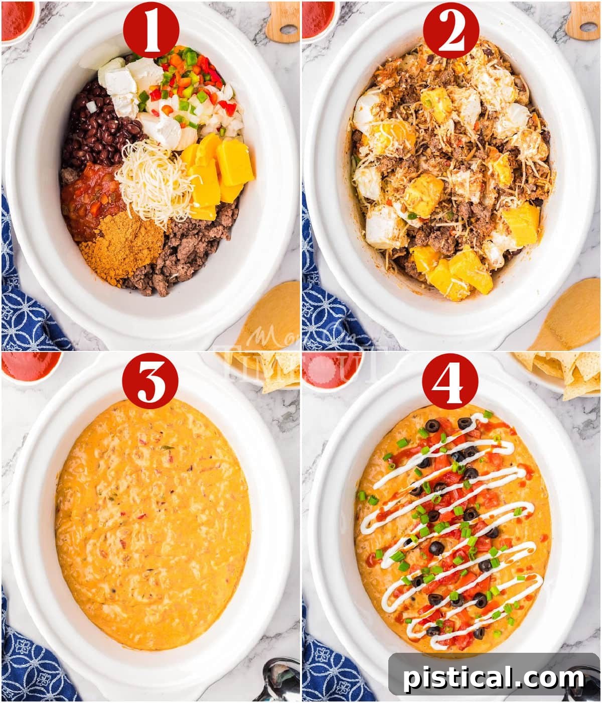 Warm & Cheesy Slow Cooker Taco Dip 5 A collage of process shots that show how to make crockpot taco dip.