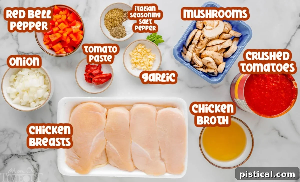 Ingredients for chicken cacciatore recipe laid out on marble surface ready to be used.