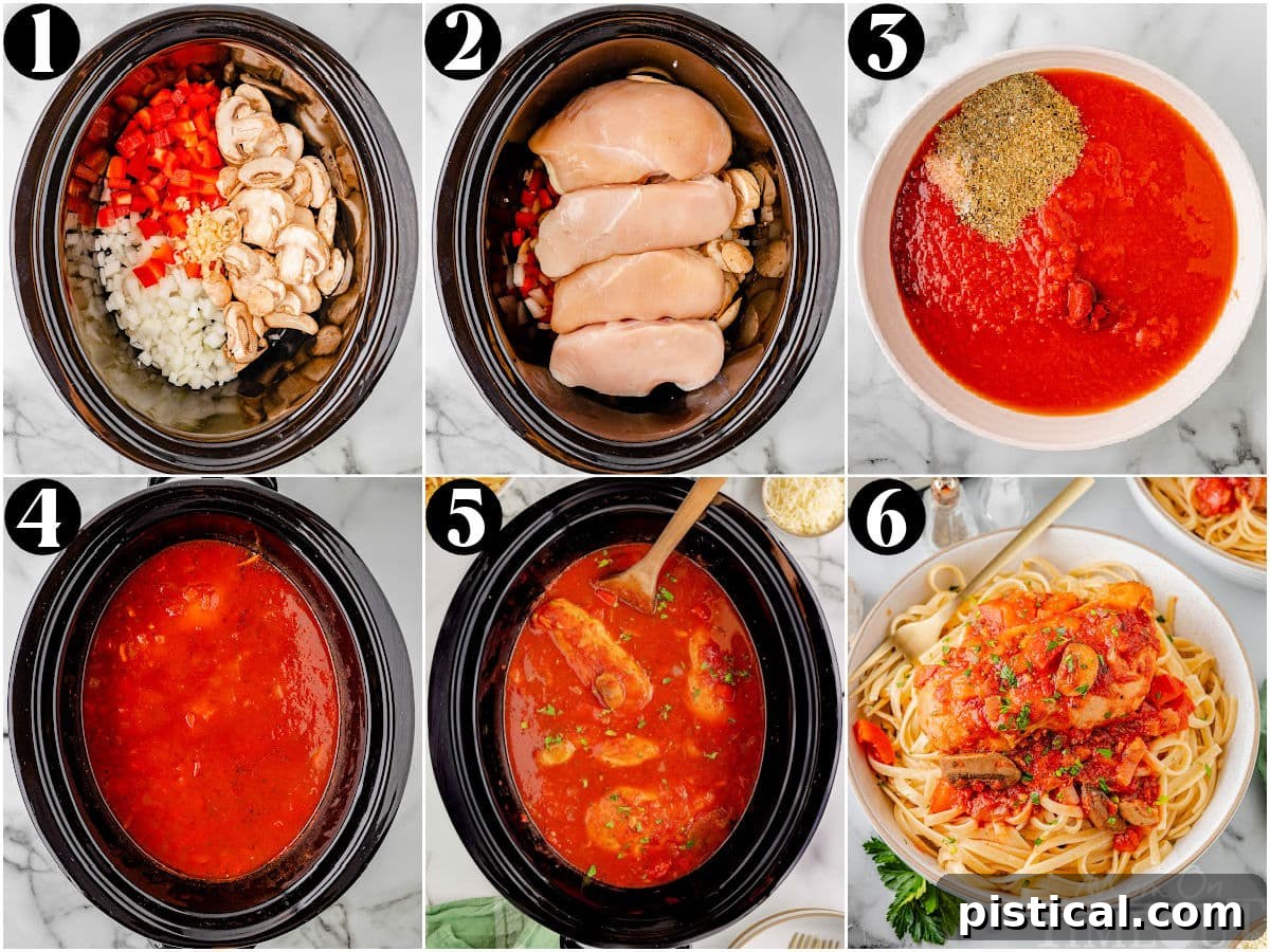 Collage image of process shots showing how to make slower cooker chicken cacciatore.