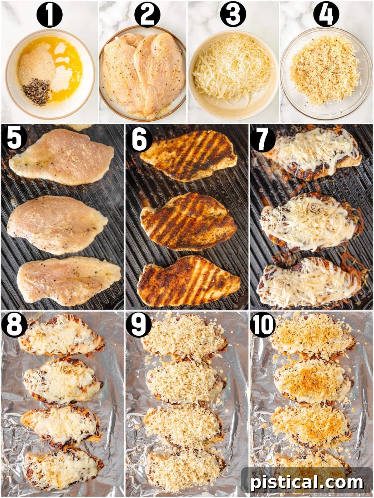 Steakhouse-Style Parmesan Crusted Chicken 5 A collage of process shots that show how to make the Longhorn parmesan crusted chicken recipe.