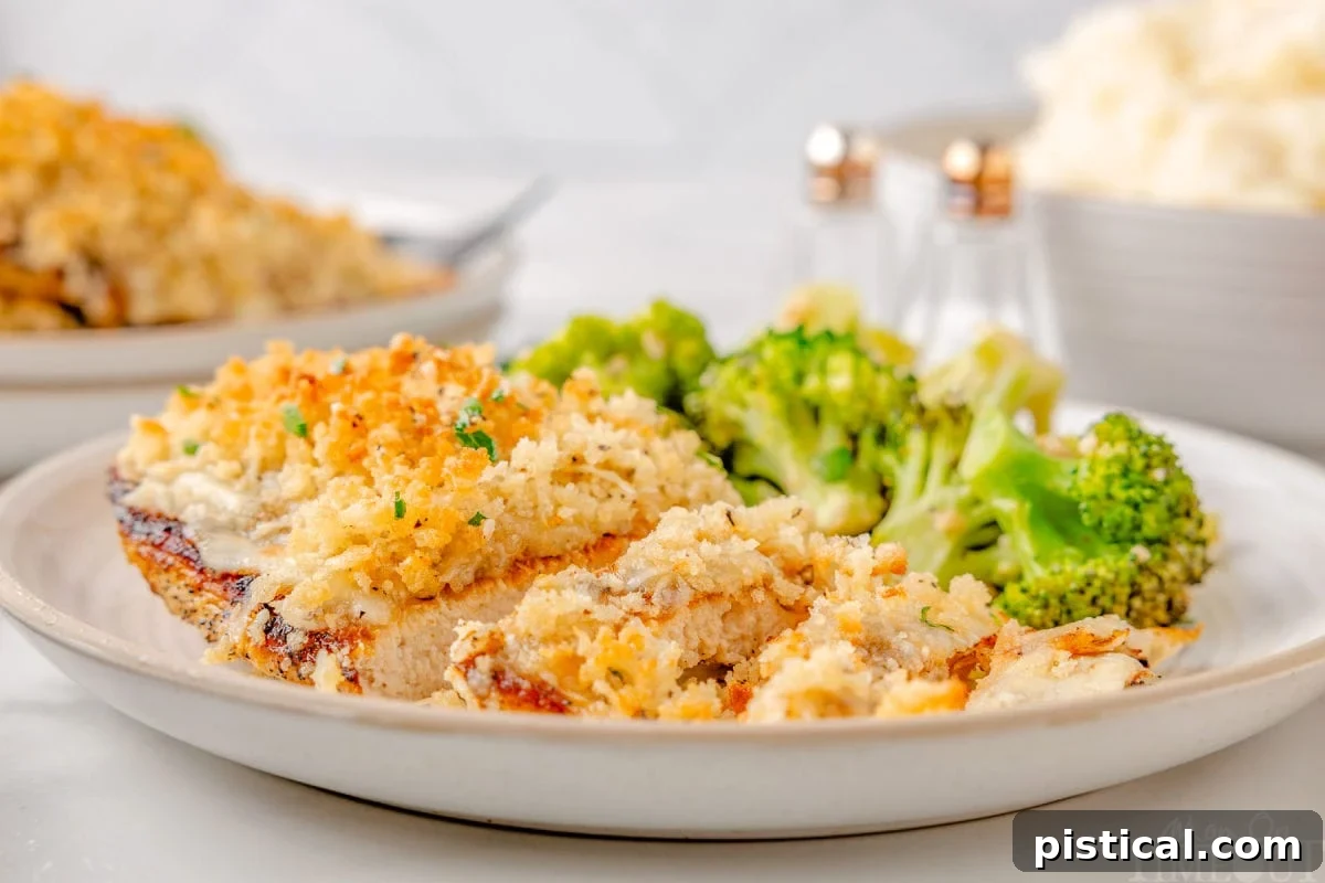 Steakhouse-Style Parmesan Crusted Chicken 7 Wide shot of longhorn parmesan crusted chicken recipe on plate with broccoli on the backside of the plate. More chicken and mashed potatoes can be seen in the background.