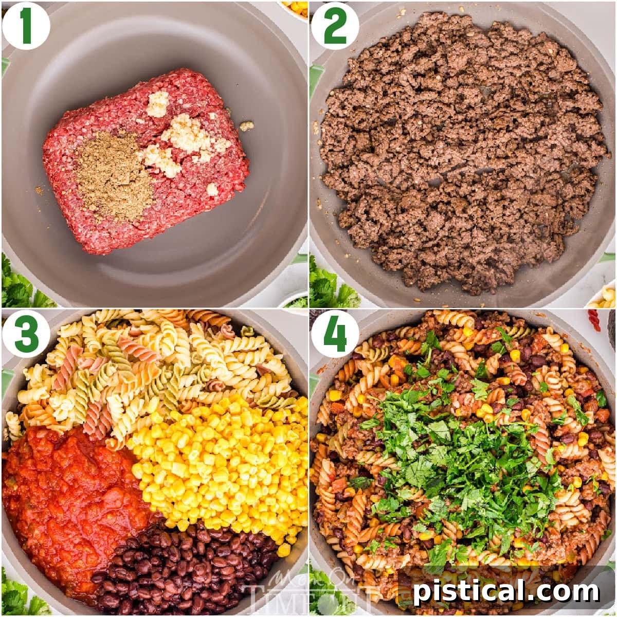 Tex-Mex Pasta Skillet 4 A four-image collage demonstrating the step-by-step process of making an easy taco pasta recipe, showing ingredients being combined and cooked in a skillet.