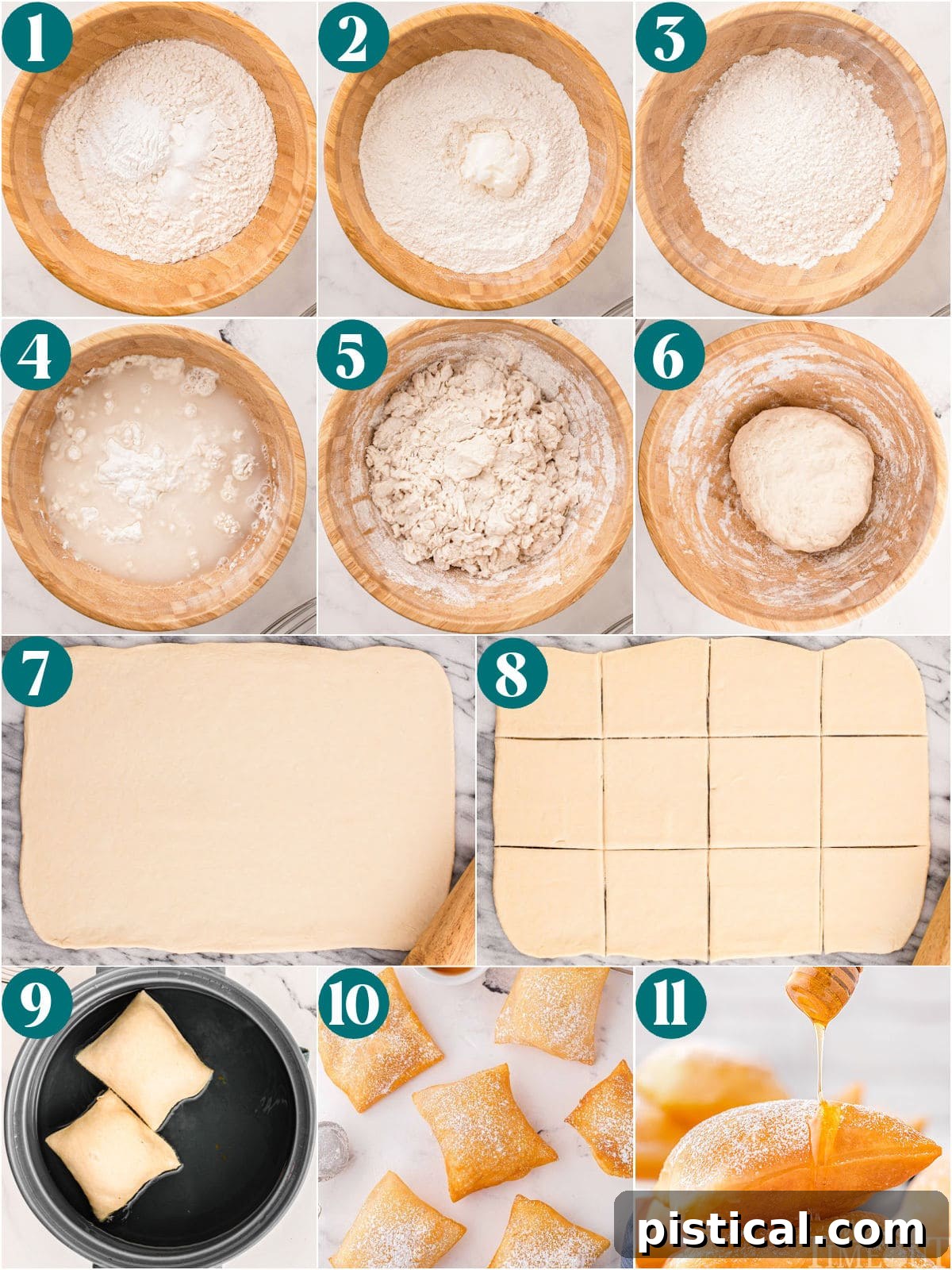 A collage of process shots that shows how to make sopapillas.