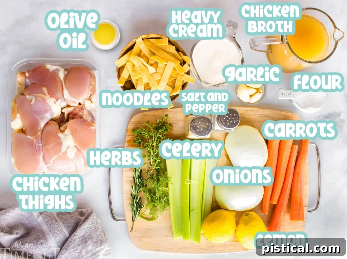 Silky Chicken Noodle Bliss 4 An image that shows all of the ingredients used in creamy chicken noodle soup.