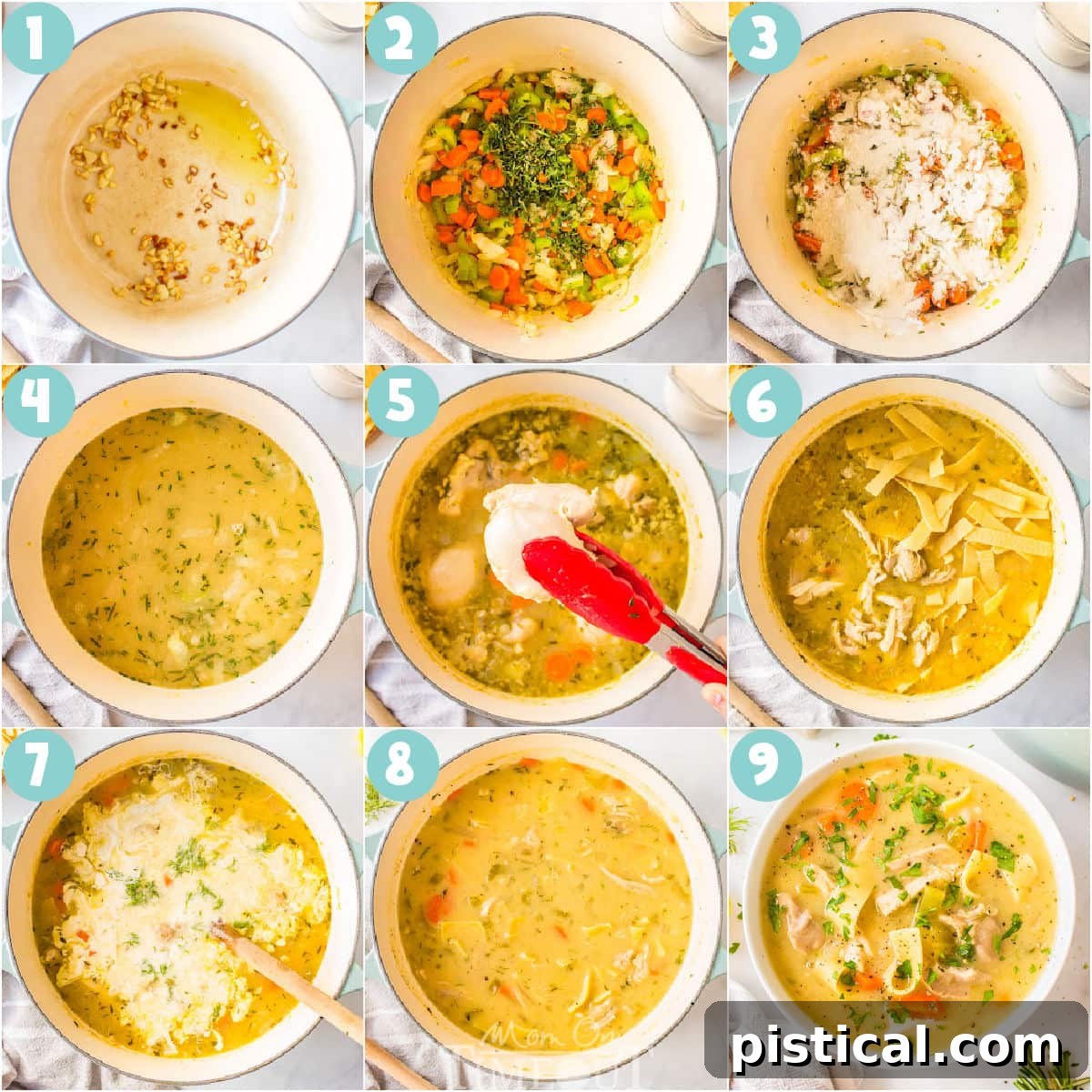 Silky Chicken Noodle Bliss 5 A collage of process shots that show how to make creamy chicken noodle soup.