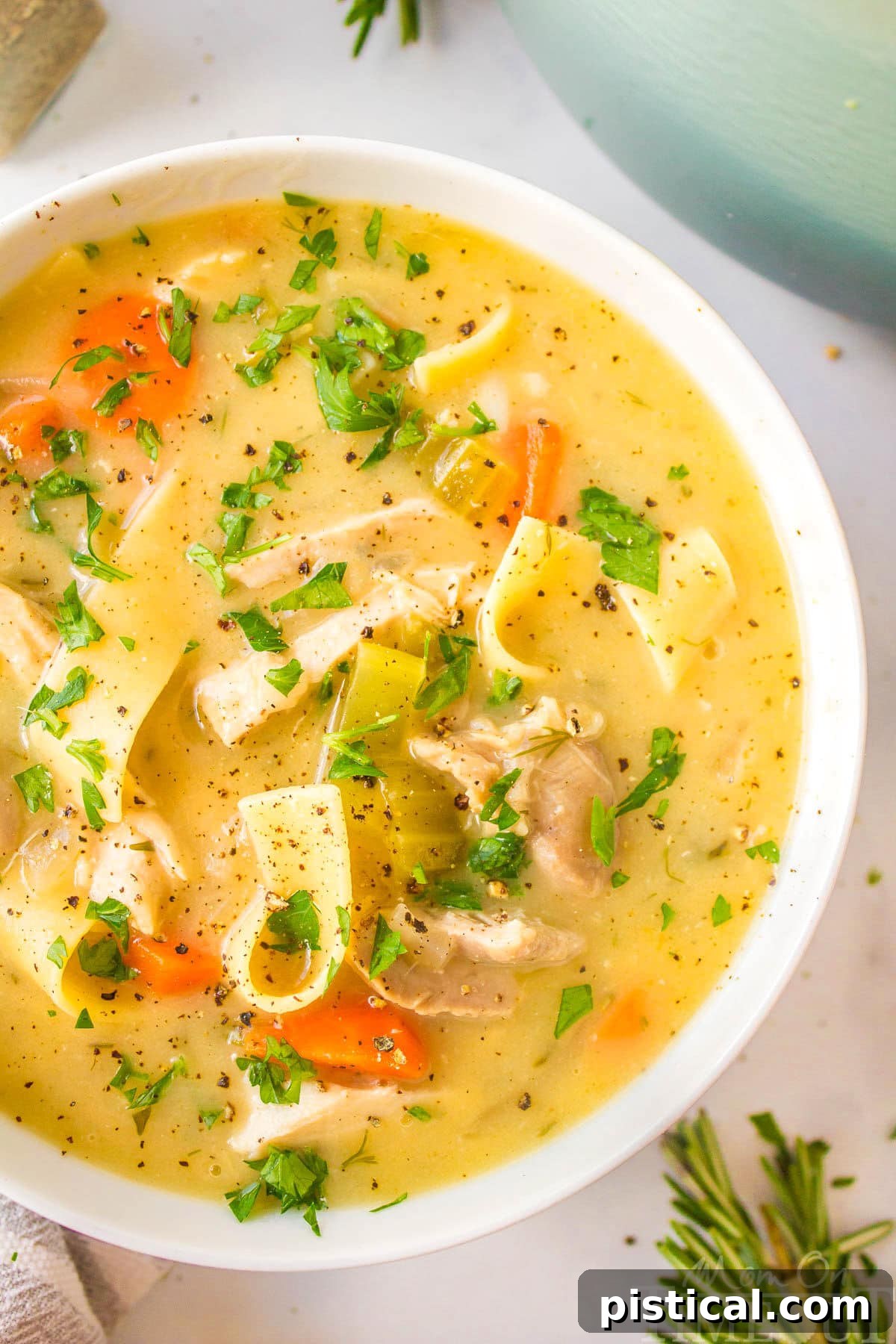 Silky Chicken Noodle Bliss 6 A top down close up shot of a white bowl of creamy chicken noodle soup.