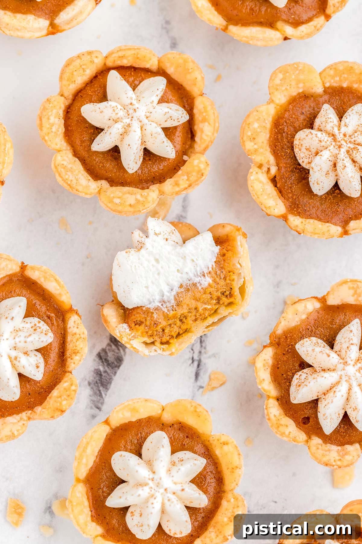 Top down shot of several mini pumpkin pies arranged on a sleek marble surface, with one pie showing a bite taken out.