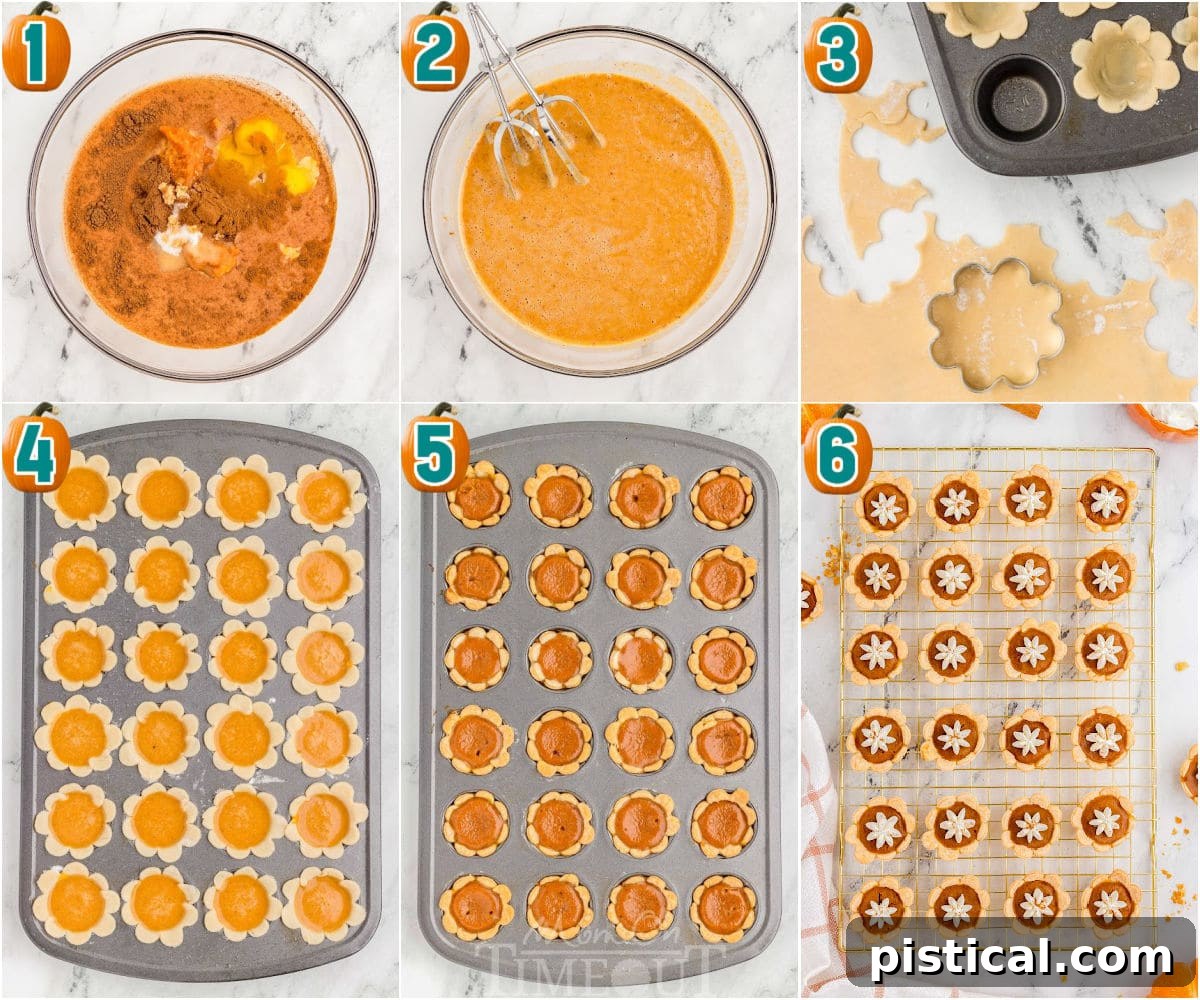 Collage of images illustrating each step of making mini pumpkin pies, from mixing ingredients to final baking.