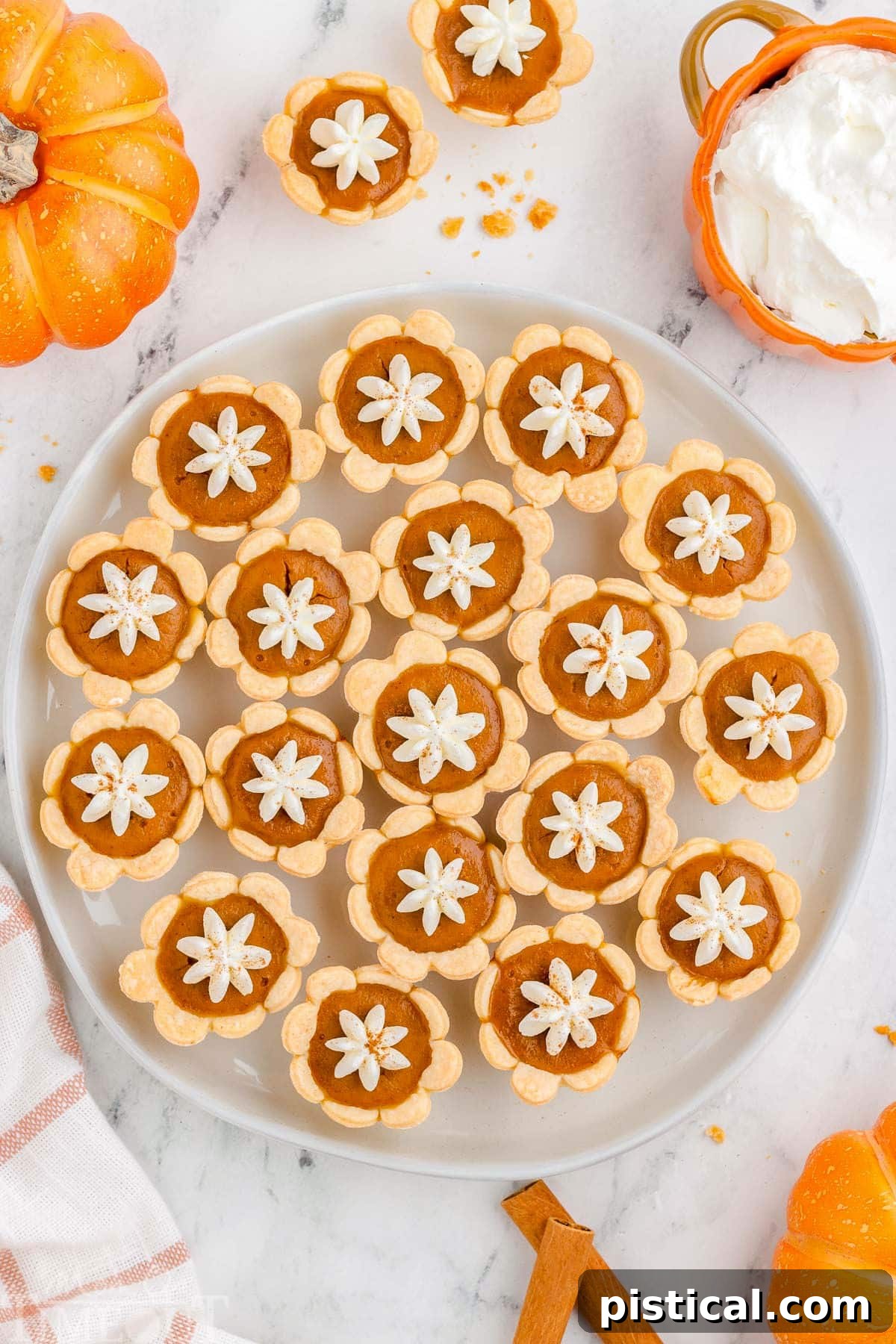 Top down view of beautifully arranged mini pumpkin pies on a round serving plate, garnished with whipped cream and a sprinkle of cinnamon.
