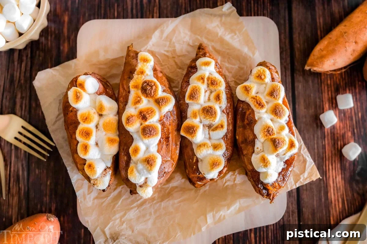 Twice baked sweet potatoes on a piece of parchment paper that's on a wood cutting board.