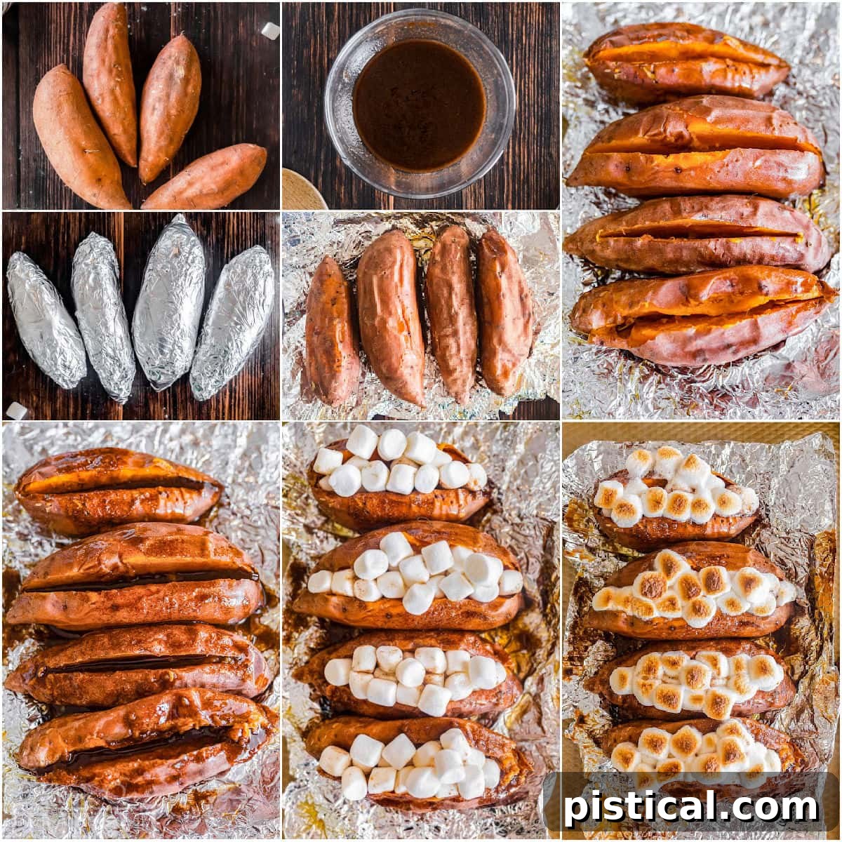 Collage of images that shows each of the steps to make twice baked sweet potatoes recipe.