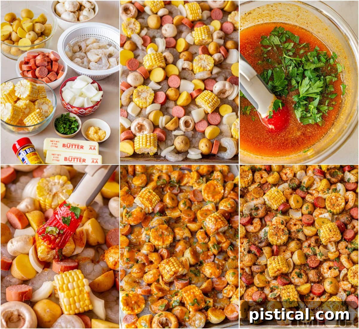 Six image collage showing how to make a shrimp boil on a sheet pan.