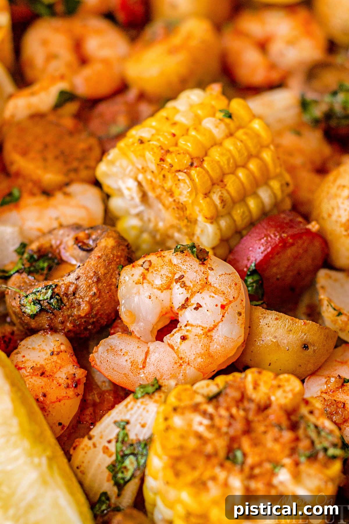 Close up of shrimp boil on a sheet pan. Corn, shrimp, sausage and potatoes.