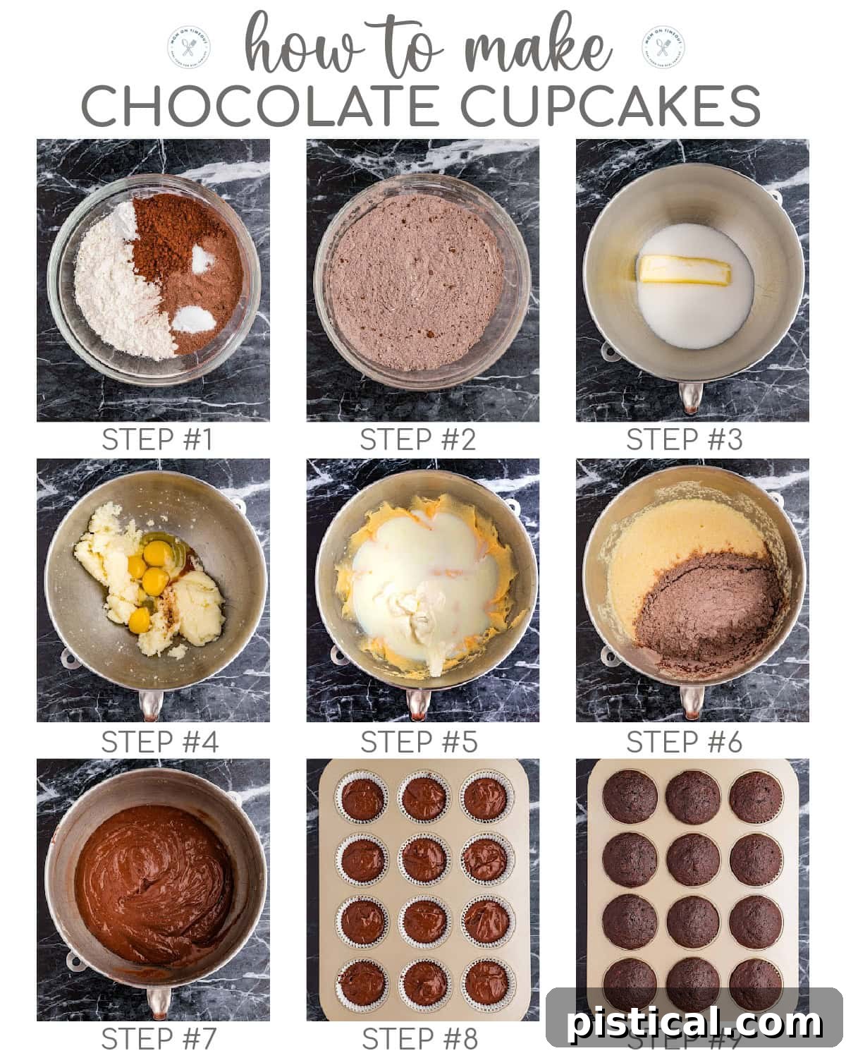 Velvet Hot Chocolate Cupcakes 5 A collage of 9 process photos showing the step-by-step creation of hot chocolate cupcakes, from mixing batter to baking.
