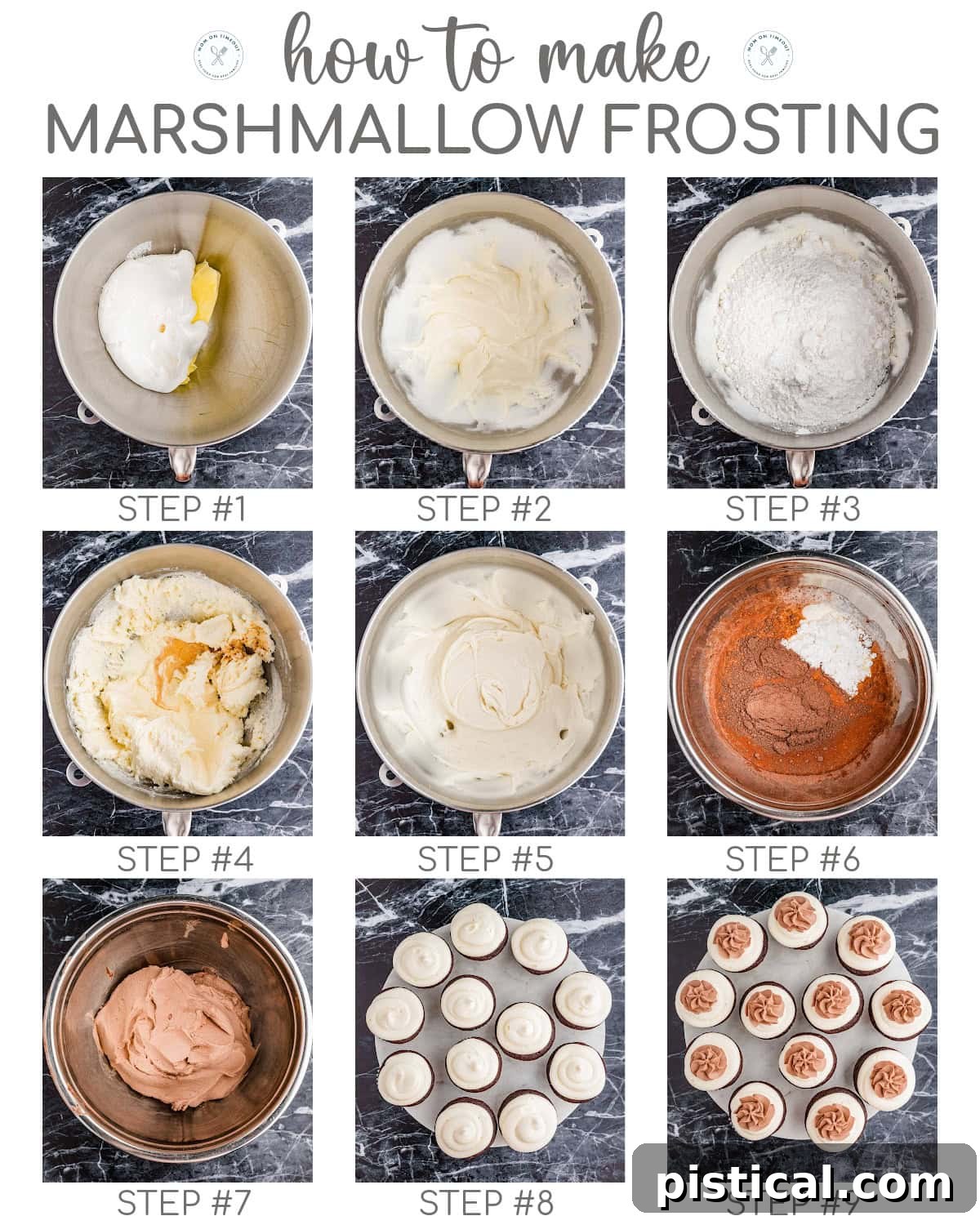 Velvet Hot Chocolate Cupcakes 6 A collage of 9 process photos showing the making of marshmallow frosting and hot cocoa whipped cream for hot chocolate cupcakes.