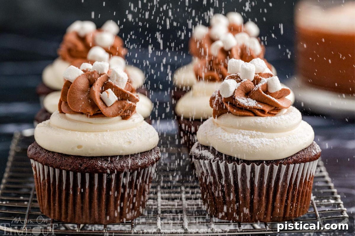 Velvet Hot Chocolate Cupcakes 8 Hot chocolate cupcakes on a metal cooling rack, dusted with powdered sugar.