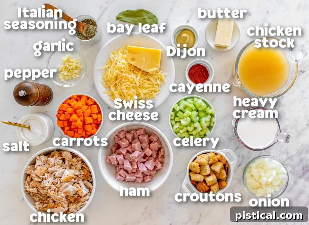 A Bowl of Cordon Bleu Comfort 4 Labeled ingredients for chicken cordon bleu soup artfully arranged in white bowls on a pristine marble surface.