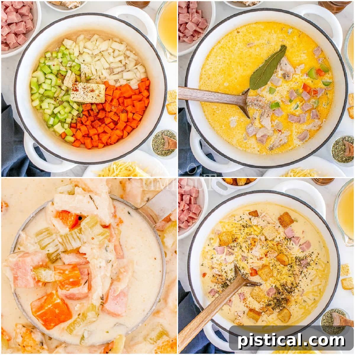 A Bowl of Cordon Bleu Comfort 5 A 4-image collage demonstrating the step-by-step cooking process of making chicken cordon bleu soup in a Dutch oven.