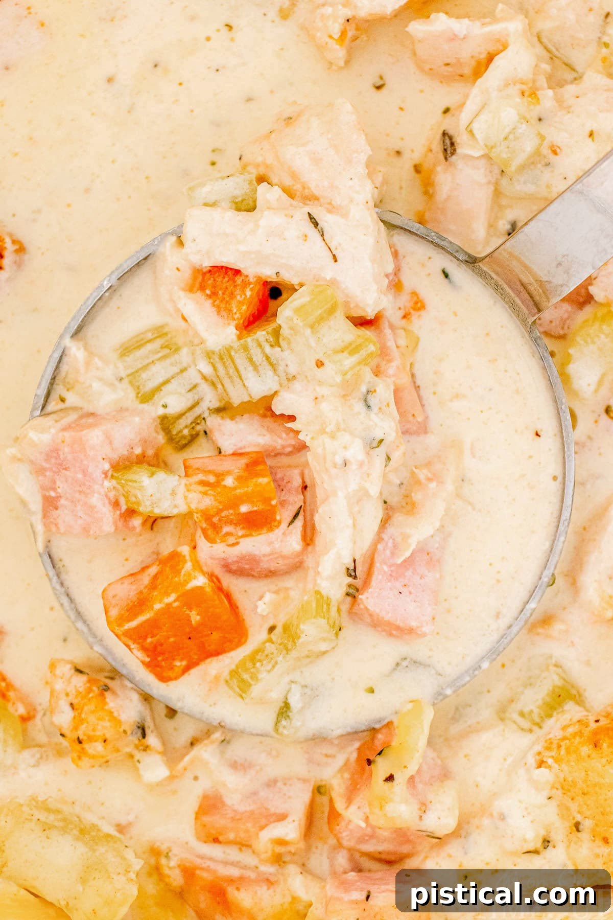 A Bowl of Cordon Bleu Comfort 7 A ladle holding a generous scoop of creamy chicken cordon bleu soup, ready to be served into a bowl.