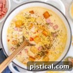 A Bowl of Cordon Bleu Comfort 9 Chicken cordon bleu soup in a dutch oven with wooden spoon.