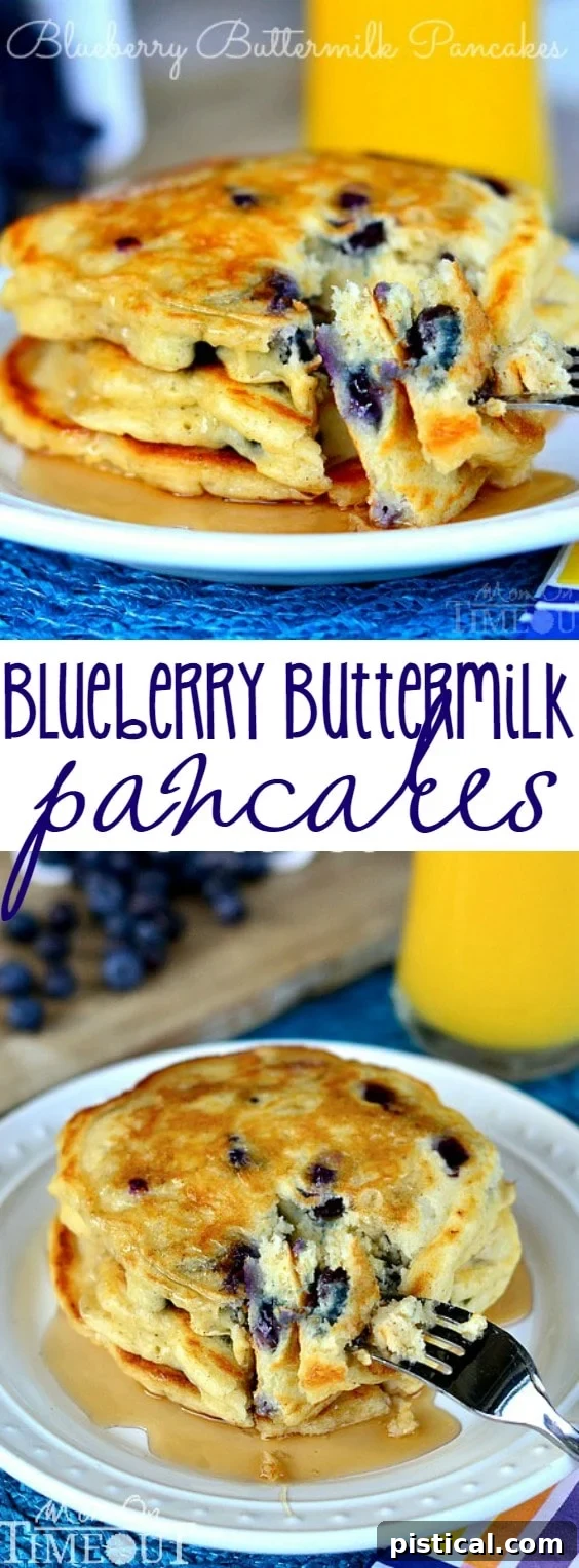 Two image collage of a stack of Blueberry Buttermilk Pancakes with syrup, and one pancake with a bite taken out.