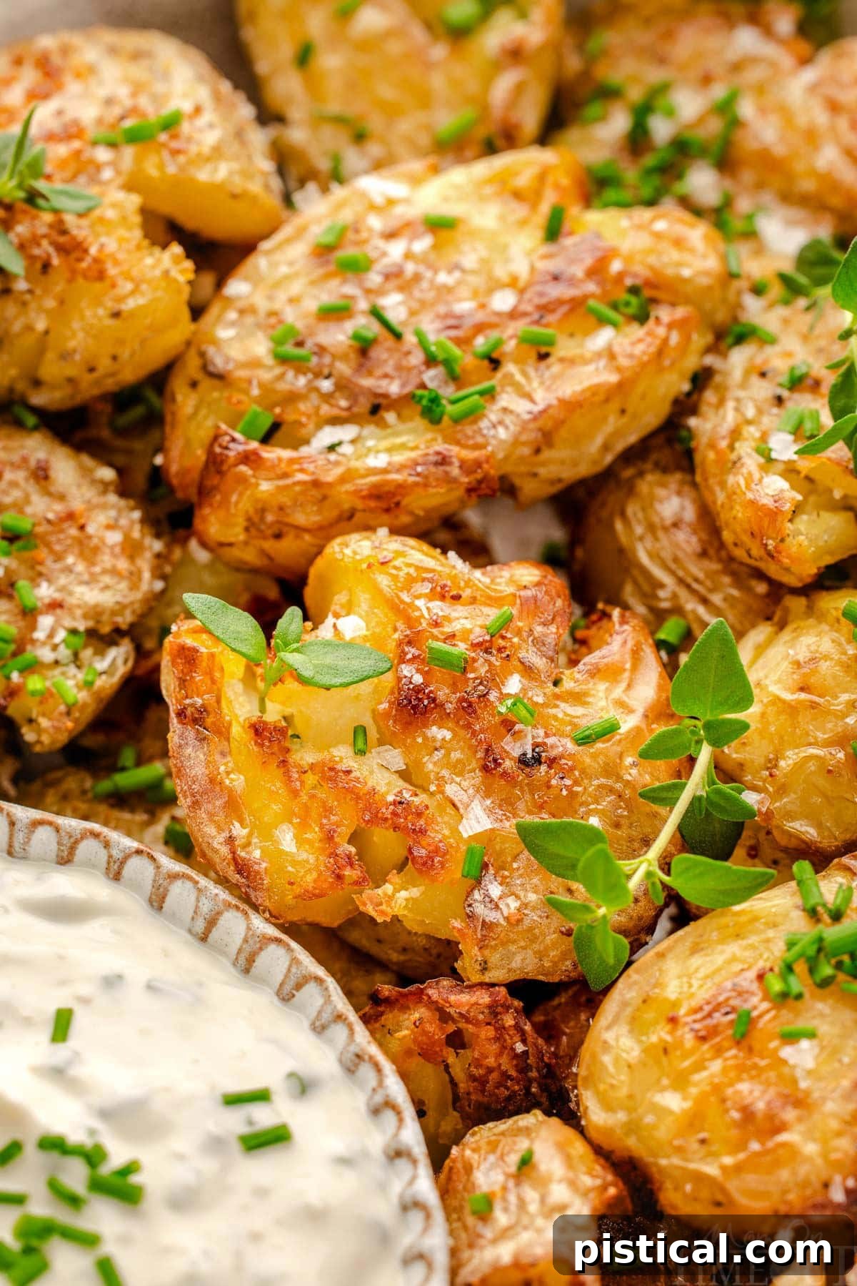 Close up of smashed potatoes on a plate garnished with chives and thyme sitting next to a small bowl of dip.