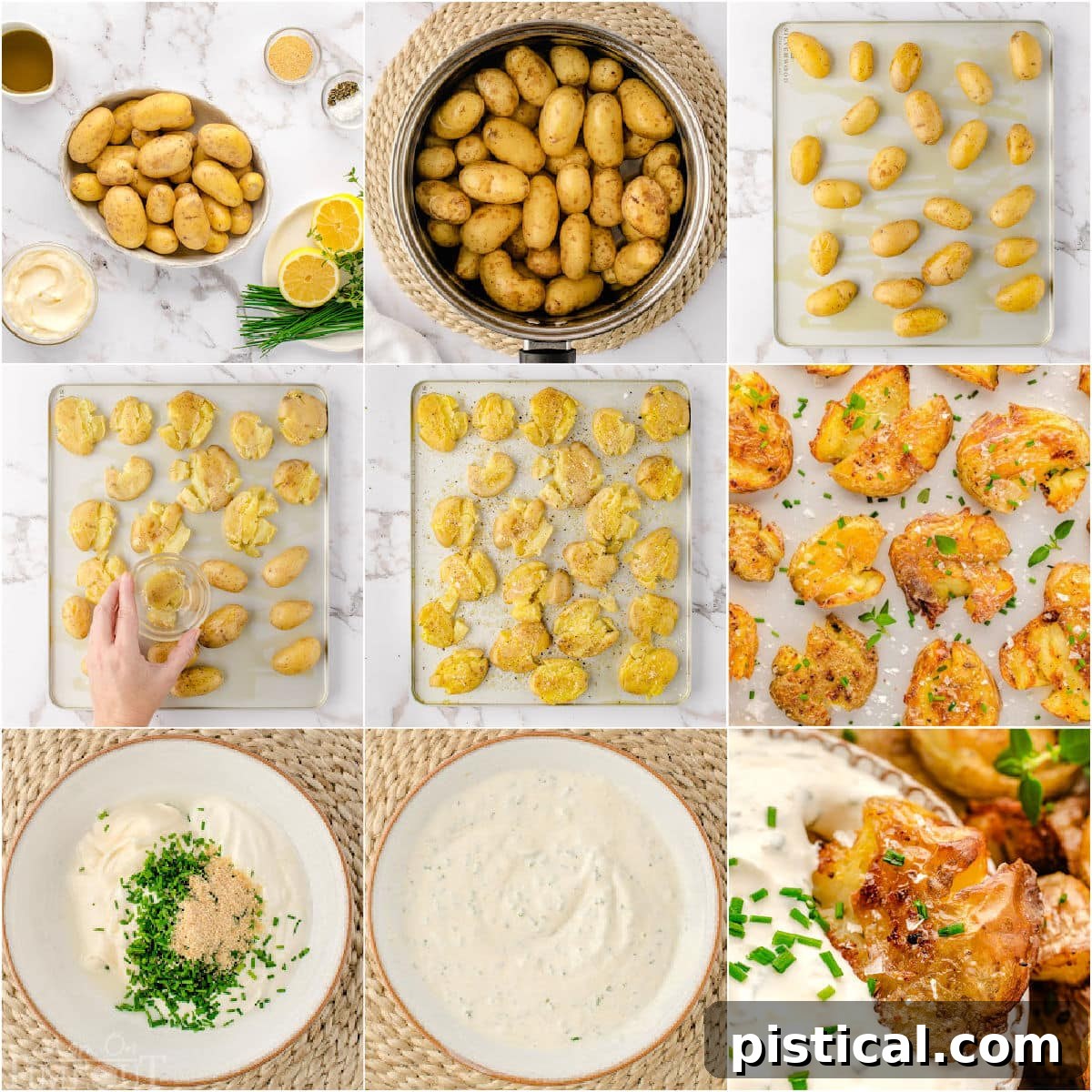 Nine image collage showing how to make smashed potatoes and a sour cream dip.