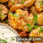 Close up of smashed potatoes on a plate garnished with chives and thyme sitting next to a small bowl of dip.