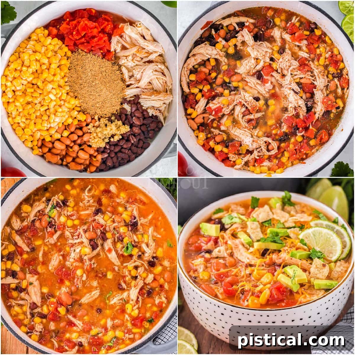 A four-photo collage demonstrating the step-by-step process of making chicken taco soup, from combining ingredients to serving.