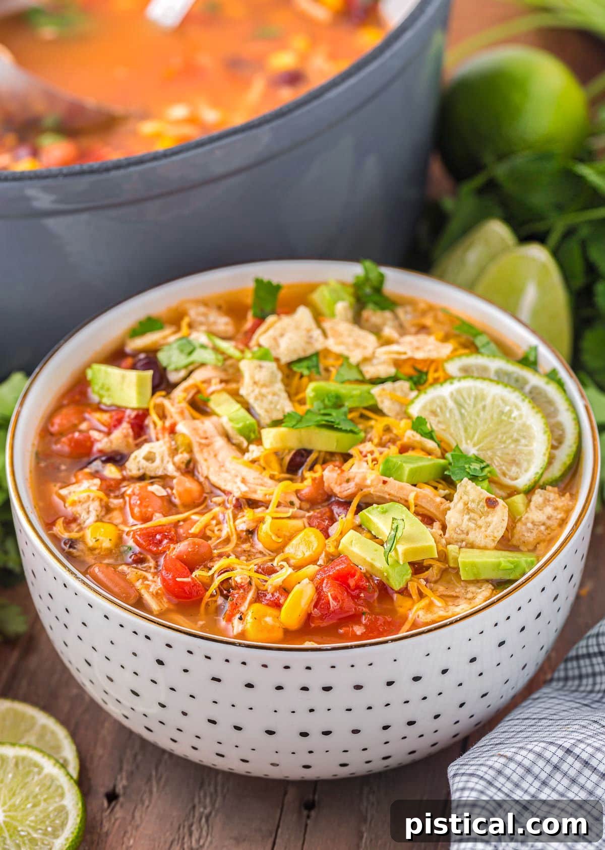 A side view of a steaming bowl of chicken taco soup with a ladle, and the Dutch oven blurred in the background, set on a wooden table.